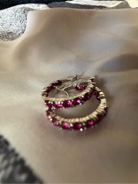 Silver Hoop Earrings with Pink Gemstones